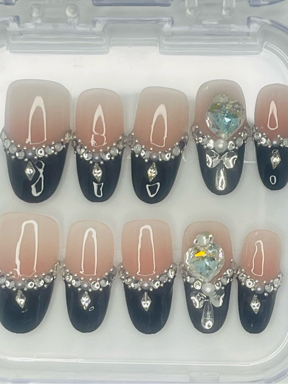 Black and Nude Rhinestone Embellished Handmade Press-On Nails